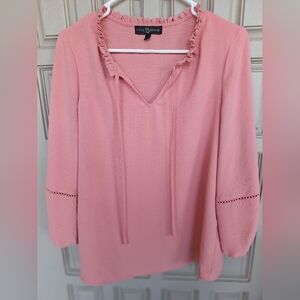 Fred David Boho Blouse SzS Detailed Puff Long Sleeves Tie Front Ruffle Neck Pink